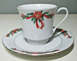 2er SET Tienshan Fine China "POINSETTIA RIBBON" Weihnachten TASSEN- & UNTERTASSENSETS - Bild 1 von 5