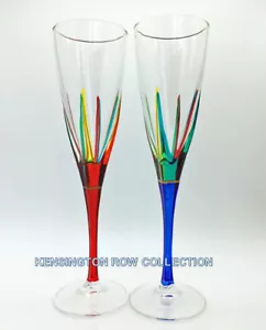 "POSITANO" CHAMPAGNE FLUTES - SET/2 - RED & BLUE - HAND PAINTED VENETIAN GLASS - Picture 1 of 3