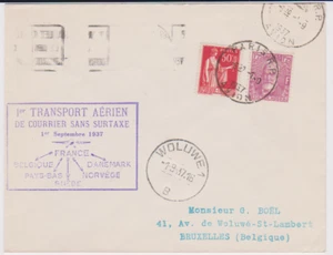LETTRE 1937 1er TRANSPORT AERIEN COURRIER SANS SURTAXE BELGIQUE WOLUWE ..ARRIVEE - Picture 1 of 2