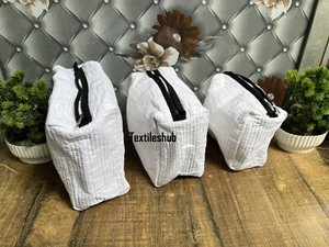 Indian White Solid Cotton Quilted Toiletry Purse Cosmetic Storage Bag Of 3 Pc AU - Picture 1 of 11