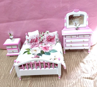 Dollhouse pink + white Bedroom Set 1:12 scale wood bed, vanity dresser, stand - Image 1 of 4