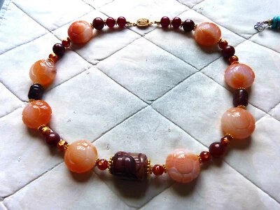 Chinese Style Necklace with carved red jade and carnelian shou beads - Image 1 of 4