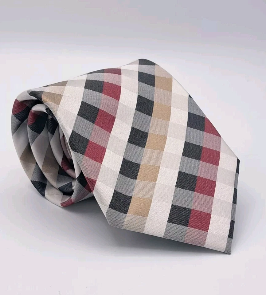 Hermosa corbata a cuadros Paul Malone granate, gris y tostado 100 % seda. Hecho a mano.  Foto 1 de 4