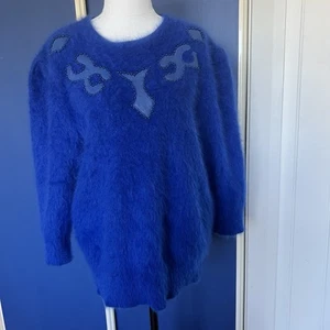 Vintage 80s Embellished Beads Leather 80% Angora Wool Blue Soft Fuzzy Jumper SzM - Picture 1 of 7