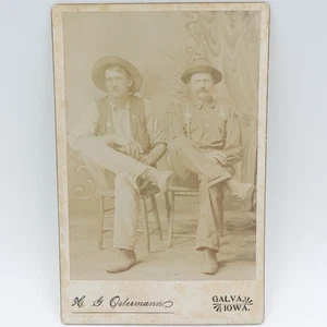 Antique Cabinet Card Photo 2 Men Hats Suspenders Crossed Legs Late 1800s - Picture 1 of 5