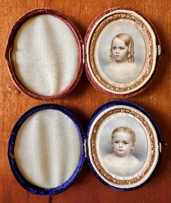 Antique Miniature Portrait Paintings Boy & Girl Siblings In Clouds 1840s 1860s - Image 1 of 4
