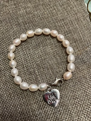 "Pulsera de plata esterlina CP 925 perlas de agua dulce "I Am Loved" con dije de corazón 8"" Foto 1 de 3