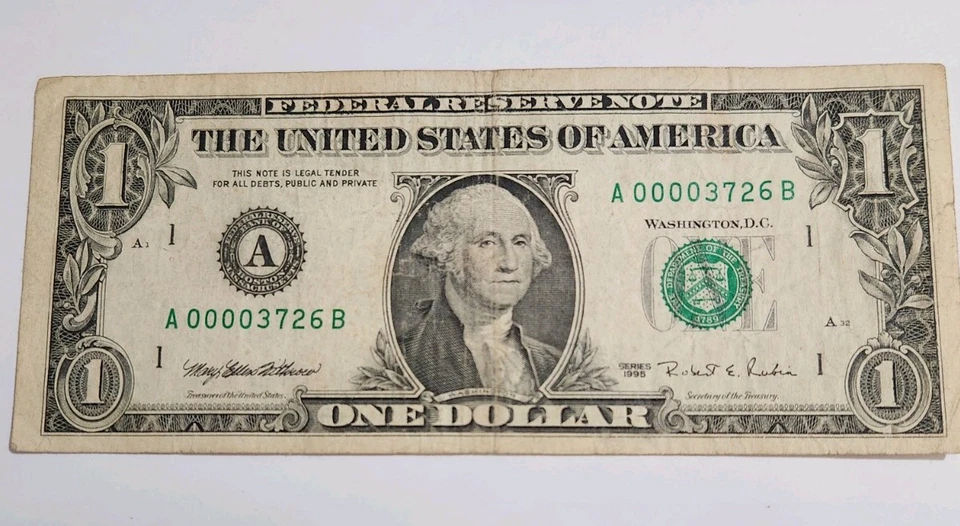 1995 Um dólar baixo número de série 4 zeros em uma fileira circulados - Imagem 1 de 4