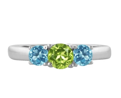 925 Sterling Silver Natural Peridot and Swiss Blue Topaz Band Ring Birthday Gift - Image 1 of 4