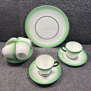 Splendido Wedgwood a righe verdi "S140" - Set da tè 13 pezzi (tazze + piattini + torta) - Foto 1 di 20