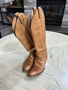 Vintage Justin 18" hohe Cowgirl-Stiefel Größe: 7B genähtes Blatt verziertes Overlay - Bild 1 von 6