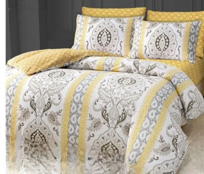 DEKORO Kingsize Duvet Cover Set Reversible Spring Yellow Paisley Zip Corner Loops