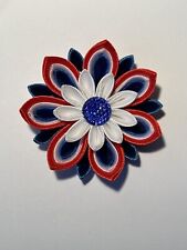 Handmade Flower Brooch, Kanzashi - red, white and blue