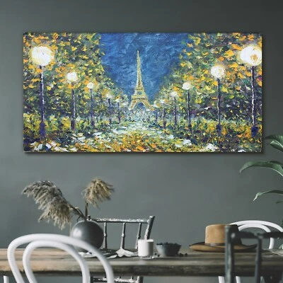 Leinwand Bild Wandbild Canvas 120x60 Ölgemälde Park Bäume Eiffelturm Nacht - Bild 1 von 4