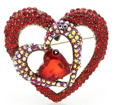 Hermoso Broche Colgante Triple Corazón Cristal Estrás Rojo Caja incluida Foto 1 de 4