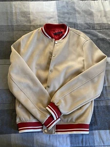 Zara Faux Suede Varsity Jacket Beige/Red/White Men's Size Large - Picture 1 of 4