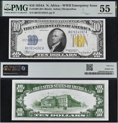 1934A $10 Silver Certificate PMG 55 - N. Africa WWII Emergency Issue 07614592 - Image 1 of 3