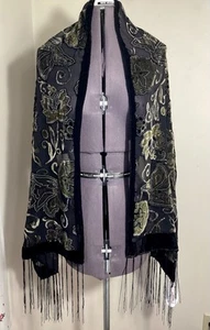 Burnout Velvet Silk Blend Fringe Scarf 20x60 Sheer Floral Beaded Whimsigoth Y2K - Picture 1 of 14