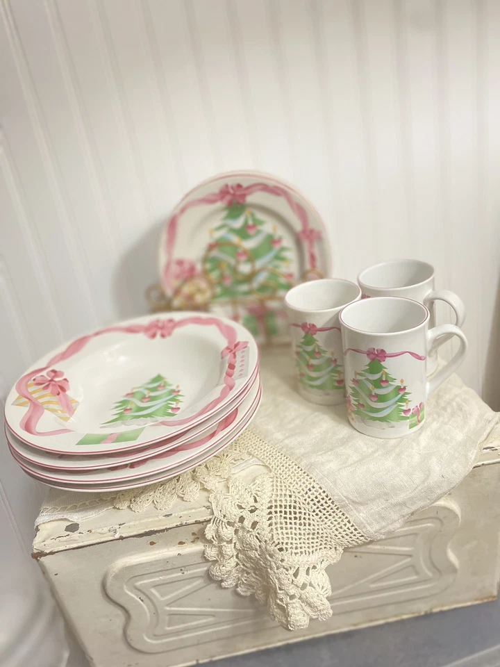 Sanyo Christmas Dishes With Pink Bows And Christmas Tree- 4 Bowls-3 Small Plates - Image 1 of 4