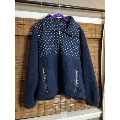J.Crew Sherpa Fleece Half-Zip Sweatshirt Navy Blue Floral Trim  - Image 1 of 4