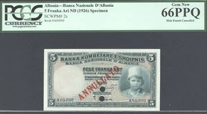 Albania, 5 Franka Ari, ND(1926), P2s, Specimen, PCGS 66PPQ, Gem Unc, RARE - Picture 1 of 2