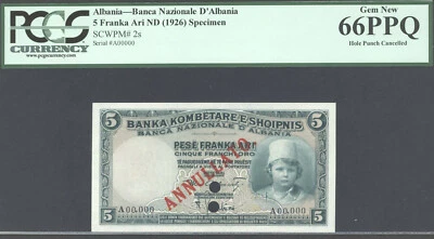 Albania, 5 Franka Ari, ND(1926), P2s, Specimen, PCGS 66PPQ, Gem Unc, RARE - Image 1 of 2