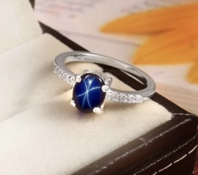 925 Silver Vintage Blue Lindy Star Sapphire Ring Star Sapphire Ring Wedding Ring - Image 1 of 4