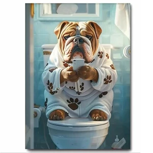 Bulldog on Toilet Funny Bathroom Artwork Printed on Metal Sign Waterproof - Picture 1 of 2