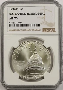 1994-D U.S. Capitol Bicentennial $1 NGC MS 70 Silver Modern Commemorative Dollar - Picture 1 of 4