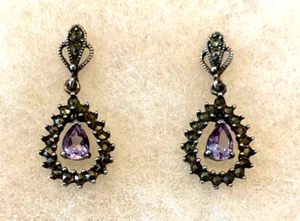 Sterling Lavender Amethyst and Marcasite Drop Earrings - 5.5 Grams - Picture 1 of 8