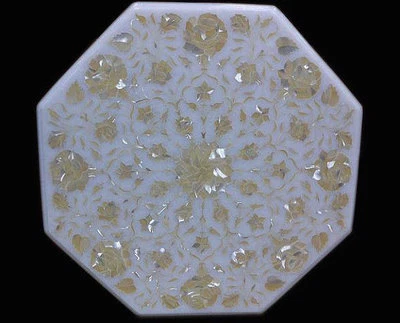 18" Marble Corner Table Top Paua Shell Floral Inlay Handmade Work - Image 1 of 3