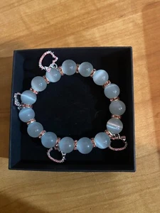 WHITE STONE MOON BEADS WITH PINK GEMS & HELLO KITTY CHARMS, TAG #418 - Picture 1 of 1