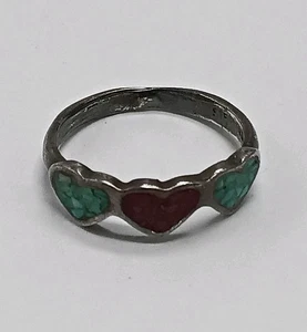 Vintage Sterlingsilber Türkis rote Koralle Intarsien Herzen Kinder - rosa Ring Größe 5 - Bild 1 von 9