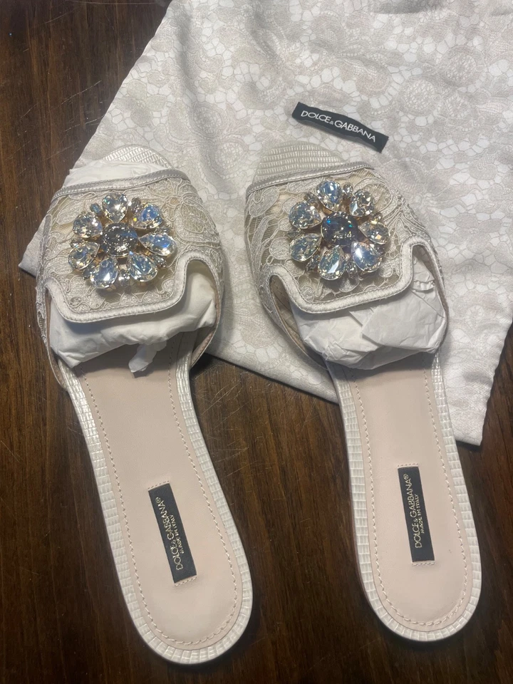 Dolce & Gabbana blanca encaje cristal adornado plano talla 41 Foto 1 de 4