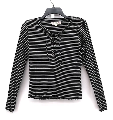 Pink Republic Shirt Womens Size M Black White Striped Lace Tie Neckline Top - Image 1 of 4