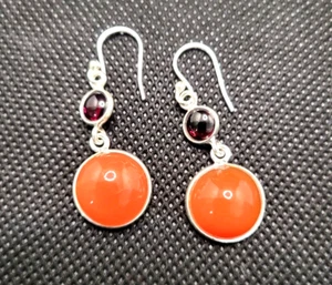 Carnelian and Garnet Dangle Earrings 925 Sterling Silver 1.25" Length .5" Dia - Picture 1 of 8