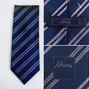 NWOT Brioni Italy Woven Thick Silk Tie Blue Purple Silver Stripe NEW NEVER WORN