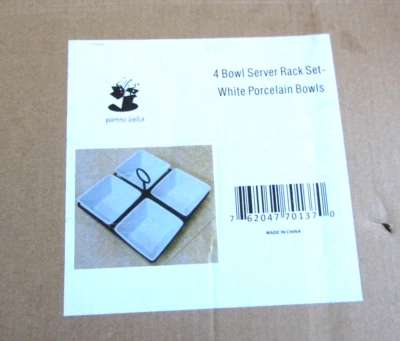 4 Bowl Condiment Dish Rack Set - White Porcelain Caddy - Metal Rack NOB - Image 1 of 4