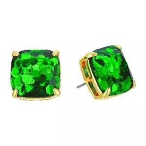 NWT Kate Spade Green Glitter Square Stud Earrings $38 Gold Plated - Picture 1 of 5