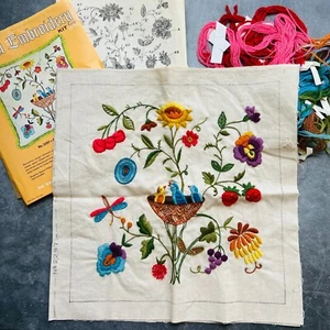 Bucilla Crewel Embroidery Kit Floral Bird Throw Pillow Partially Complete No 229 - Picture 1 of 11