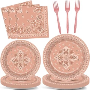 96Pcs Western Bandana Party Plates and Napkins for Pink Cowgirl Birthday Part... - Picture 1 of 7