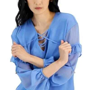 I.N.C. International Concepts Medium Blue Lace-Up Ruffle-Sleeve Blouse Sz-XL - Picture 1 of 8