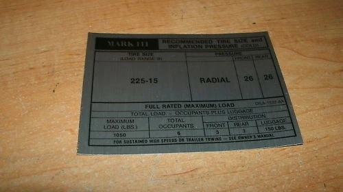 1971 LINCOLN CONTINENTAL MARK III TIRE PRESSURE DECAL - Image 1 of 1