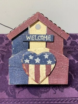 Rustic Red White Blue Patriotic American Hanging Wooden Wall Organizer 7.5x6x3" - Image 1 of 4