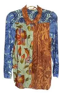 Weiche Umrandung Hermosa Tunika Shirt M Patchwork Multi Print Knopfleiste Bluse - Bild 1 von 9