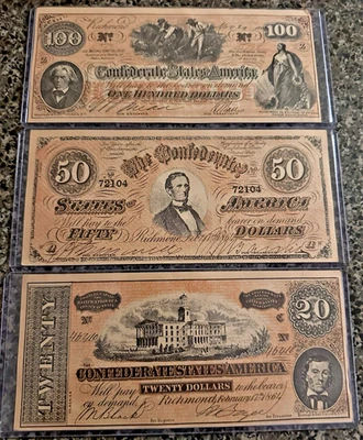 Lot of 3 Confederate States of America Bills $100, $50 & $20 - Image 1 of 2