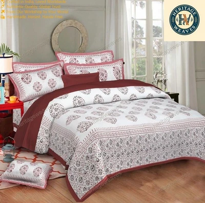 Sábana bajera doble con 2 fundas de almohada 100 % algodón estampado floral indio, rosa Foto 1 de 4