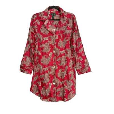 Lauren Ralph Lauren Red Paisley Print Long Sleeve Sleep Shirt Dress LARGE - Image 1 of 4