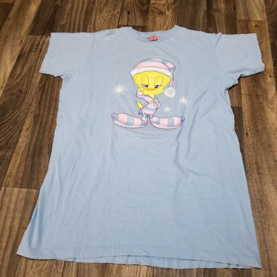 Vintage Tweety Bird Sleep Shirt Blue One Size Warner Bros Front & Back Discolor - Image 1 of 4
