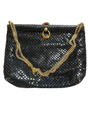 Cartera negra vintage Whiting And Davis malla circular de metal correa de cadena tono dorado Foto 1 de 4